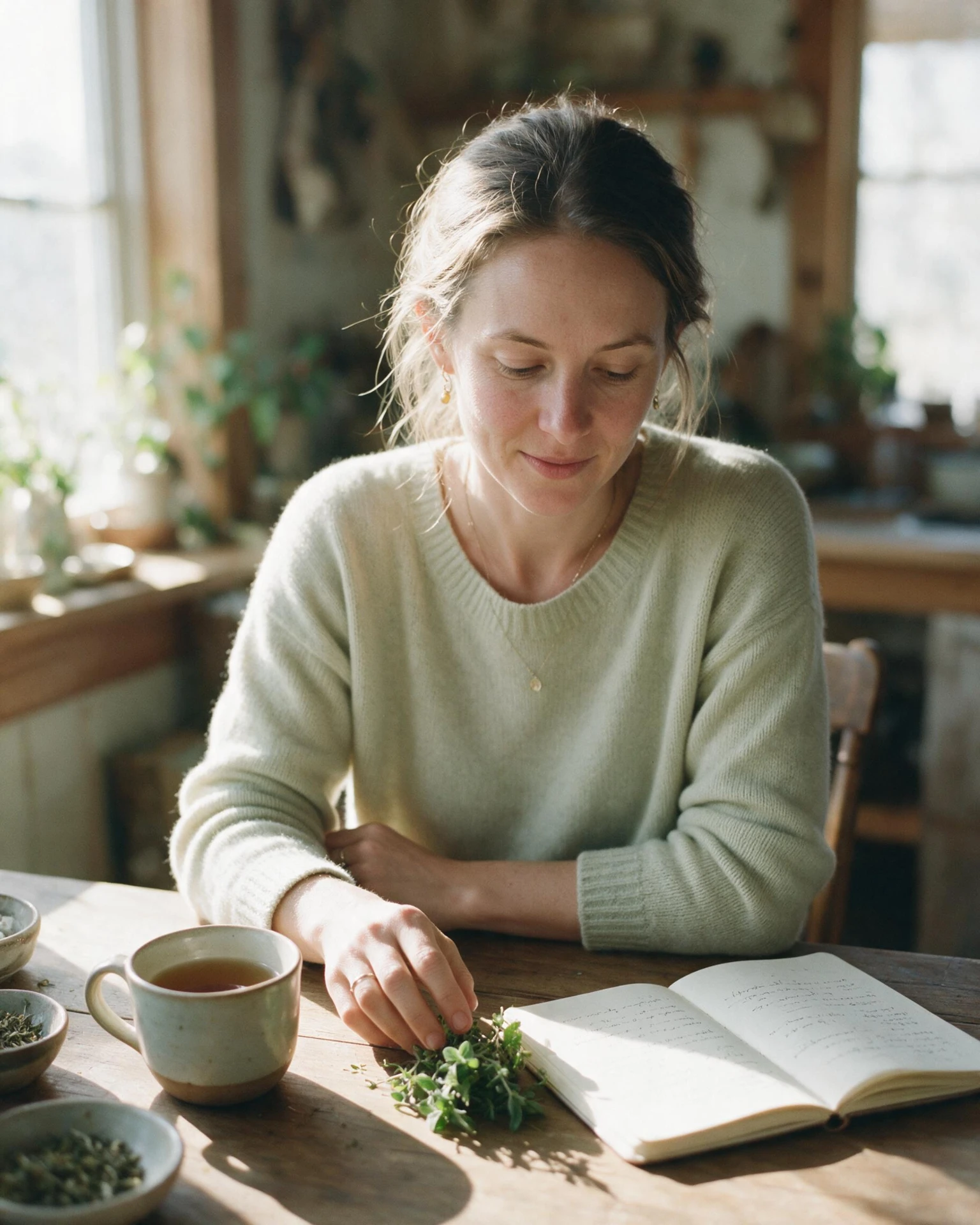 Herbalist sorting fresh herbs beside a cup of tea and an open notebook